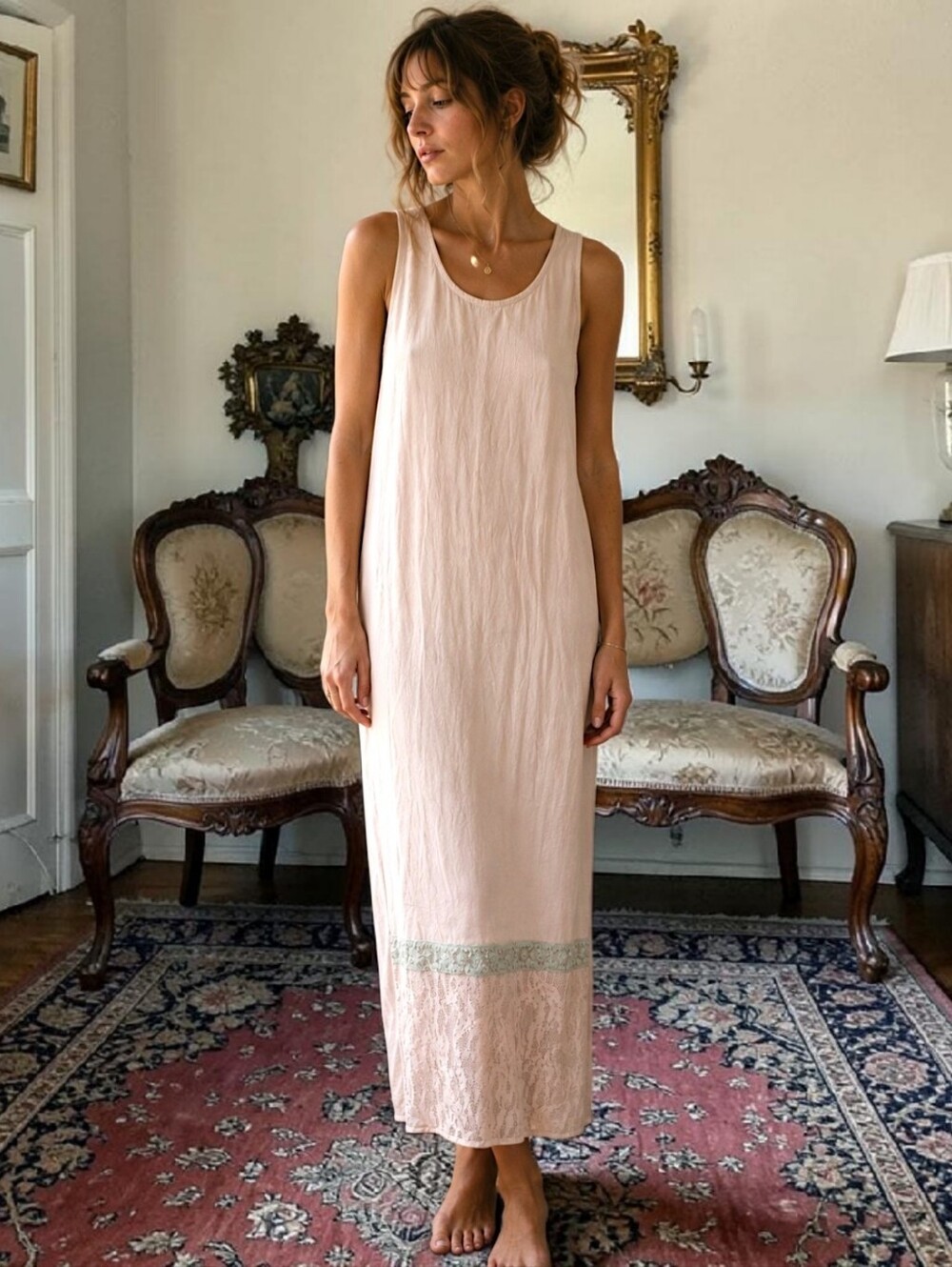 Vtg 90s Midi Shift Dress 1X Lace Crochet Edge Hem Blush Pink Lagenlook‎ Bohemian